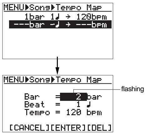 FOSTEX MR 8 - 1) Bring up the song edit menu screen and use the [CURSOR ☑] key to highlight "Tempo Map", then press the [ENTER] key. - 2