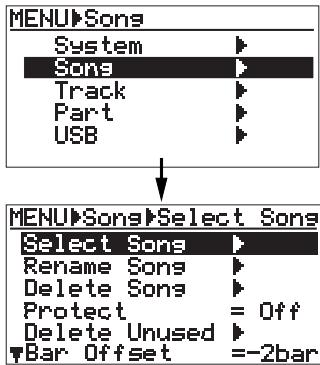 FOSTEX MR 8 - 2) Use the [CURSOR ☑] key to highlight "Song", then press the [ENTER] key. - 1