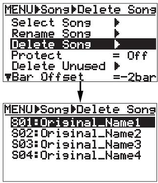 FOSTEX MR 8 - 3) Use the [CURSOR ☑] key to highlight "Delete Song", then press the [ENTER] key. - 1