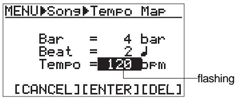FOSTEX MR 8 - 1) Bring up the song edit menu screen and use the [CURSOR ☑] key to highlight "Tempo Map", then press the [ENTER] key. - 6