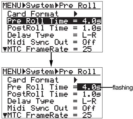 FOSTEX MR 8 - 3) Use the [CURSOR ⑦] key to highlight "Pre Roll Time", then press the [ENTER] key. - 1
