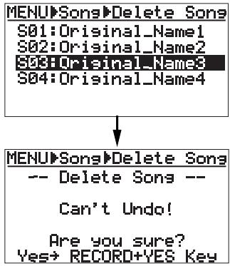 FOSTEX MR 8 - 4) Use the [CURSOR Ⓐ/v] keys to select a song to be deleted, and press the [ENTER] key. - 1