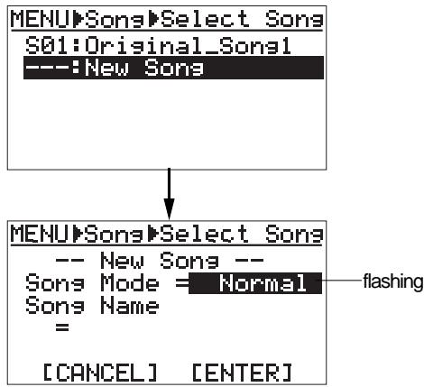 FOSTEX MR 8 - 4) Highlight "--:New Song" using the [CURSOR ⑦] key, then press the [ENTER] key. - 1