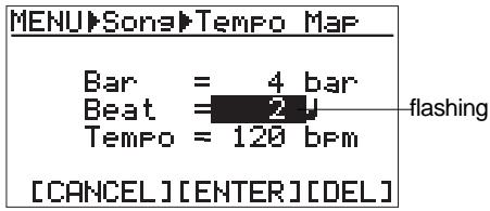 FOSTEX MR 8 - 1) Bring up the song edit menu screen and use the [CURSOR ☑] key to highlight "Tempo Map", then press the [ENTER] key. - 5