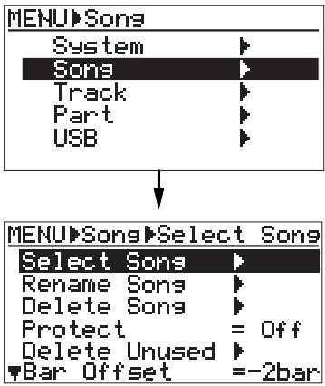 FOSTEX MR 8 - 2) Use the [CURSOR ☑] key to highlight "Song", then press the [ENTER] key. - 1
