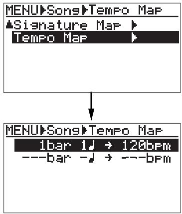 FOSTEX MR 8 - 1) Bring up the song edit menu screen and use the [CURSOR ☑] key to highlight "Tempo Map", then press the [ENTER] key. - 1