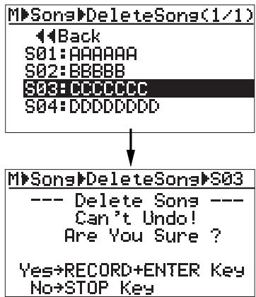 FOSTEX MR8HD - 4) Rotate the [MENU/ENTER] knob to select a song to be deleted, and press the [MENU/ENTER] knob. - 1
