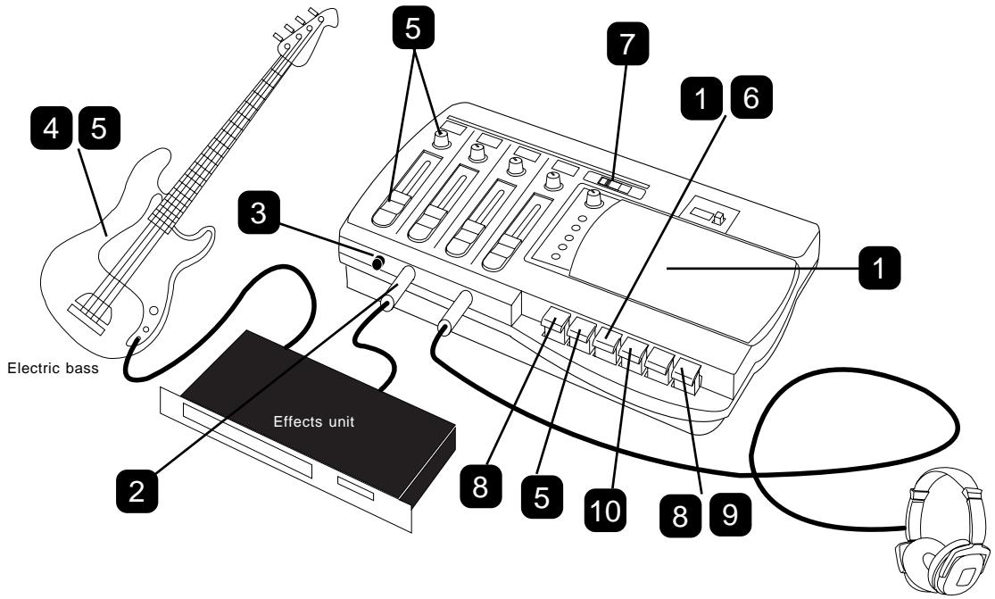 FOSTEX X-12 - Overdubbing the electric bass to Track 2 while listening to Track 1 (drum machine) - 1