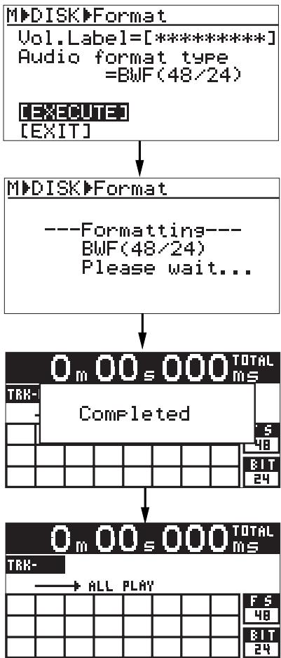 FOSTEX CR500 - 8) Use the [MENU] dial to highlight "[EXECUTE]" and press the [ENTER/YES] key. (To cancel formatting, select "[EXIT)".) Formatting starts and the display shows the formatting status. - 1