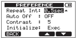 PREFERENCE Repeat Int: 0.5sec Auto Off : OFF Contrast : 5 Initialize: Exec BACK