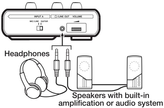 INPUT A Ω/LINE OUT VOLUME MIC/LINE GUITAR Headphones Speakers with built-in amplification or audio system