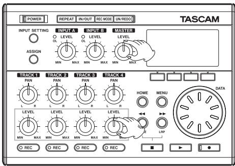 POWER REPEAT IN/OUT REC MODE UN/REQ TASCAM INPUT SETTING INPUT A INPUT B MASTER O LEVEL O LEVEL OL OL MIN MAX MIN MAX MIN MAX ASSIGN TRACK 1 TRACK 2 TRACK 3 TRACK 4 PAN PAN PAN PAN L R L R R HOME MENU DATA LEVEL LEVEL LEVEL LEVEL MIN MAX MIN MAX MIN MAX MIN LBP O REC O REC O REC O REC ■ ▶ | ●
