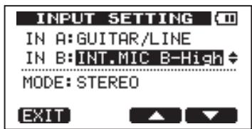 INPUT SETTING IN A: GUITAR/LINE IN B: INT.MIC B-High MODE: STEREO EXIT