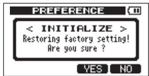 PREFERENCE < INITIALIZE > Restoring factory setting! Are you sure ? YES NO