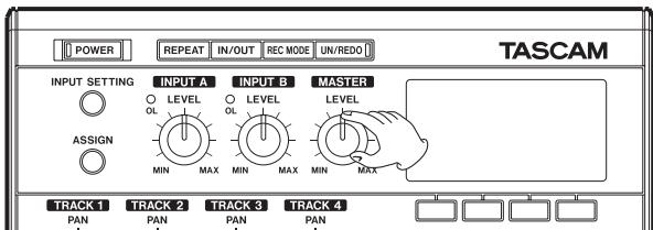 POWER REPEAT IN/OUT REC MODE UN/REDO TASCAM INPUT SETTING INPUT A INPUT B MASTER ○ LEVEL ○ LEVEL ○ OL OL OL MIN MAX MIN MAX MIN MAX ASSIGN TRACK 1 TRACK 2 TRACK 3 TRACK 4 PAN PAN PAN PAN PAN