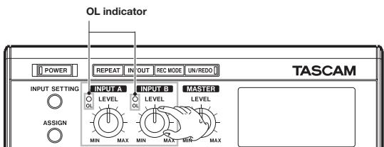 OL indicator POWER REPEAT IN OUT REC MODE UN/REDO TASCAM INPUT SETTING INPUT A INPUT B MASTER LEVEL LEVEL LEVEL MIN MAX MIN MAX MIN MAX ASSIGN