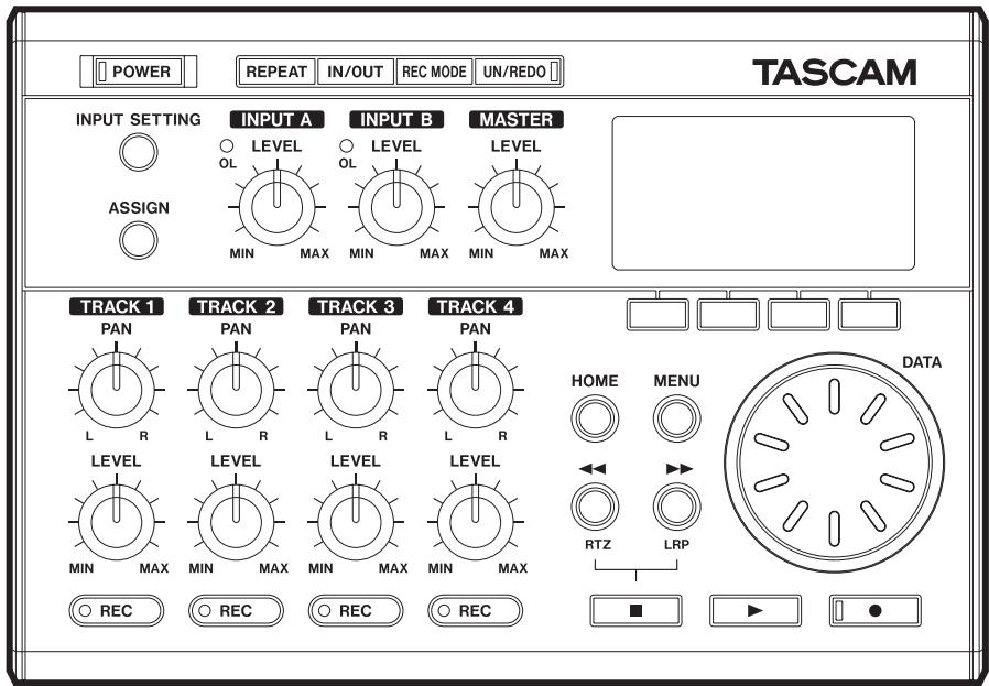 POWER REPEAT IN/OUT REC MODE UN/REDO TASCAM INPUT SETTING INPUT A INPUT B MASTER ○ LEVEL ○ LEVEL ○ OL OL OL MIN MAX MIN MAX MIN MAX ASSIGN TRACK 1 TRACK 2 TRACK 3 TRACK 4 PAN PAN PAN PAN PAN L R L R L R L R LEVEL LEVEL LEVEL LEVEL LEVEL MIN MAX MIN MAX MIN MAX MIN MAX ○ REC ○ REC ○ REC ○ REC HOME MENU DATA RTZ LRP ■ ▶ ▶ ●