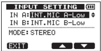 INPUT SETTING IN A:INT.MIC A-Low IN B:INT.MIC B-Low MODE: STEREO EXIT