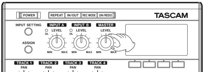 POWER REPEAT IN/OUT REC MODE UN/REDO TASCAM INPUT SETTING INPUT A INPUT B MASTER ○ LEVEL ○ LEVEL OL OL MIN MAX MIN MAX MIN MAX ASSIGN TRACK 1 TRACK 2 TRACK 3 TRACK 4 PAN PAN PAN PAN