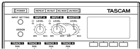 POWER REPEAT IN/OUT REC MODE UN/REDO TASCAM INPUT SETTING INPUT A INPUT B MASTER ○ LEVEL ○ LEVEL ○ OL OL OL MIN MAX MIN MAX MIN MAX ASSIGN TRACK1 TRACK2 TRACK3 TRACK4 PAN PAN PAN PAN PAN
