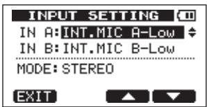 INPUT SETTING (1) IN A:INT.MIC A-Low IN B:INT.MIC B-Low MODE: STEREO EXIT