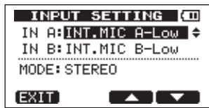 INPUT SETTING (1) IN A: INT.MIC A-Low IN B: INT.MIC B-Low MODE: STEREO EXIT
