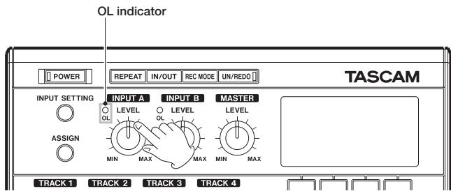 OL indicator POWER REPEAT IN/OUT REC MODE UN/REDO TASCAM INPUT SETTING INPUT A INPUT B MASTER LEVEL LEVEL OL OL ASSIGN MIN MAX MAX MIN MAX TRACK 1 TRACK 2 TRACK 3 TRACK 4