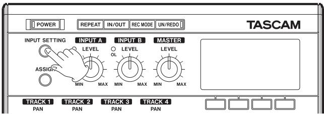 POWER REPEAT IN/OUT REC MODE UN/REDO TASCAM INPUT SETTING INPUT A INPUT B MASTER LEVEL LEVEL OL ASSIG MIN MAX MIN MAX MIN MAX TRACK 1 TRACK 2 TRACK 3 TRACK 4 PAN PAN PAN PAN PAN