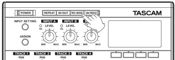POWER REPEAT IN/OUT REC MODE UN/REDO TASCAM INPUT SETTING INPUT A INPUT B LEVEL LEVEL OL OL ASSIGN MIN MAX MIN MAX MIN MAX TRACK 1 TRACK 2 TRACK 3 TRACK 4 PAN PAN PAN PAN PAN