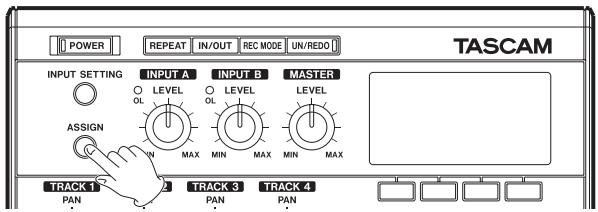 POWER REPEAT IN/OUT REC MODE UN/REDO TASCAM INPUT SETTING INPUT A INPUT B MASTER ○ LEVEL ○ LEVEL ○ OL OL OL OL ASSIGN IN MAX MIN MAX MIN MAX TRACK 1 TRACK 3 TRACK 4 PAN PAN PAN