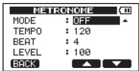 METRONOME MODE : OFF TEMPO : 120 BEAT : 4 LEVEL : 100 BACK