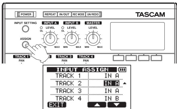 POWER REPEAT IN/OUT REC MODE UN/REDO TASCAM INPUT SETTING INPUT A INPUT B MASTER LEVEL OL LEVEL OL LEVEL MAX MIN MAX MIN MAX ASSIGN TRACK 1 TRACK 3 TRACK 4 PAN PAN PAN INPUT ASSIGN TRACK 1 IN A TRACK 2 IN A TRACK 3 IN A TRACK 4 IN B EXIT
