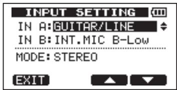 INPUT SETTING IN A: GUITAR/LINE IN B: INT.MIC B-Low MODE: STEREO EXIT