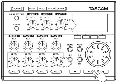 POWER REPEAT IN/OUT REC MODE UN/REDO TASCAM INPUT SETTING INPUT A INPUT B MASTER O LEVEL O LEVEL LEVEL OL OL OL MIN MAX MIN MAX MIN MAX ASSIGN TRACK 1 TRACK 2 TRACK 3 TRACK 4 PAN PAN PAN PAN PAN L R L R L R LEVEL LEVEL LEVEL LEVEL MIN MAX MIN MAX MIN MAX MIN HOME MENU DATA R LRP REC REC REC REC ■