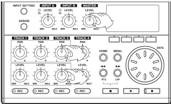 INPUT SETTING INPUT A INPUT B MASTER ASSIGN LEVEL LEVEL LEVEL LEVEL MIN MAX MIN MAX MIN MAX TRACK 1 TRACK 2 TRACK 3 TRACK 4 PAN PAN PAN PAN L R L R L R R R HOME MENU DATA LEVEL LEVEL LEVEL LEVEL MIN MAX MIN MAX MIN MAX min MAX MAX REC REC REC REC ■ ▶ ●