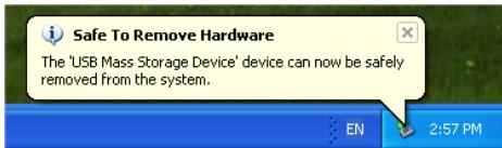 Safe To Remove Hardware The 'USB Mass Storage Device' device can now be safely removed from the system. EN 2:57 PM