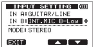 INPUT SETTING IN A: GUITAR/LINE IN B: INT.MIC B-Low MODE: STEREO EXIT