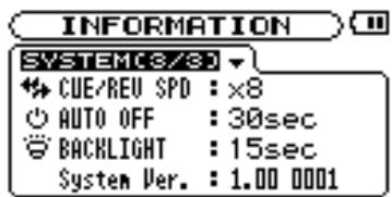 INFORMATION SYSTEM3/8 CUE/REV SPD : x8 AUTO OFF : 30sec BACKLIGHT : 15sec System Ver. : 1.00 0001