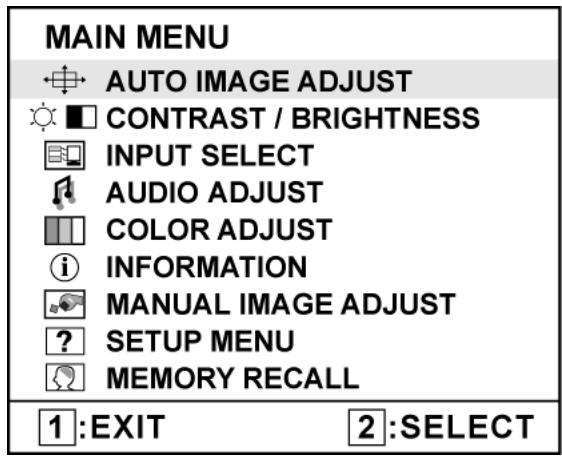 MAIN MENU AUTO IMAGE ADJUST CONTRAST / BRIGHTNESS INPUT SELECT AUDIO ADJUST COLOR ADJUST INFORMATION MANUAL IMAGE ADJUST SETUP MENU MEMORY RECALL 1:EXIT 2:SELECT