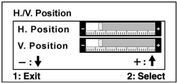 H./V. Position H. Position V. Position - : ↓ +: ↑ 1: Exit 2: Select
