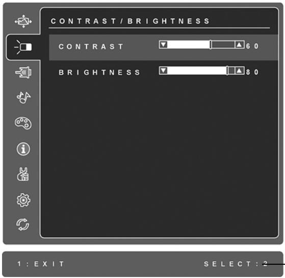 CONTRAST / BRIGHTNESS CONTRAST 6 0 BRIGHTNESS 8 0 1 : EXIT SELECT : 2