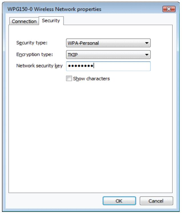 VIEWSONIC WPG-150 - Set Security Type to "WPA-Personal", select "TKIP" for the Encryption Type and type the Network Security Key > Click OK - 1