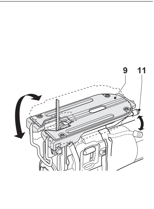 Technical diagram of a mechanical assembly with numbered parts and directional arrows indicating motion or rotation.