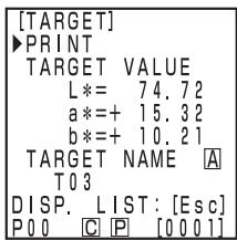 KONICA CR-400 - Once measurement is complete, select "TARGET NAME" using the key and set the color difference target color name using the key and the numeric pad. - 2