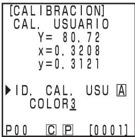 KONICA CR-400 - Una vez finalizadas las medicaciones, seleccione el "ID. CAL.USU"(nombre del canal de calibracion) mediate la tecla y determine el nombre mediante la tecla y el teclado número. - 1