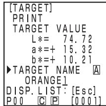 KONICA CR-410 - Once measurement is complete, select "TARGET NAME" using the key and set the color difference target color name using the key and the numeric pad. - 3