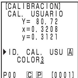 KONICA CR-410 - Una vez finalizadas las medicaciones, selección el "ID. CAL. USU" (nombre del canal de calibración) mediante la tecla y determine el nombre mediante la tecla y el teclado número. - 1