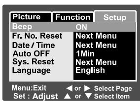 ROLLEI PREGO DP5200 - Setup Menu (In Photography Mode) - 1
