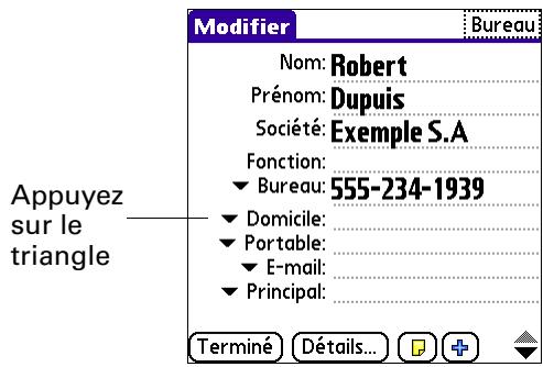 PALM TUNGSTEN T3 - Pour sélectionner des types de champs dans un contact : - 1
