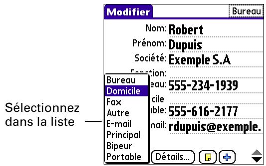 PALM TUNGSTEN T3 - Pour sélectionner des types de champs dans un contact : - 2